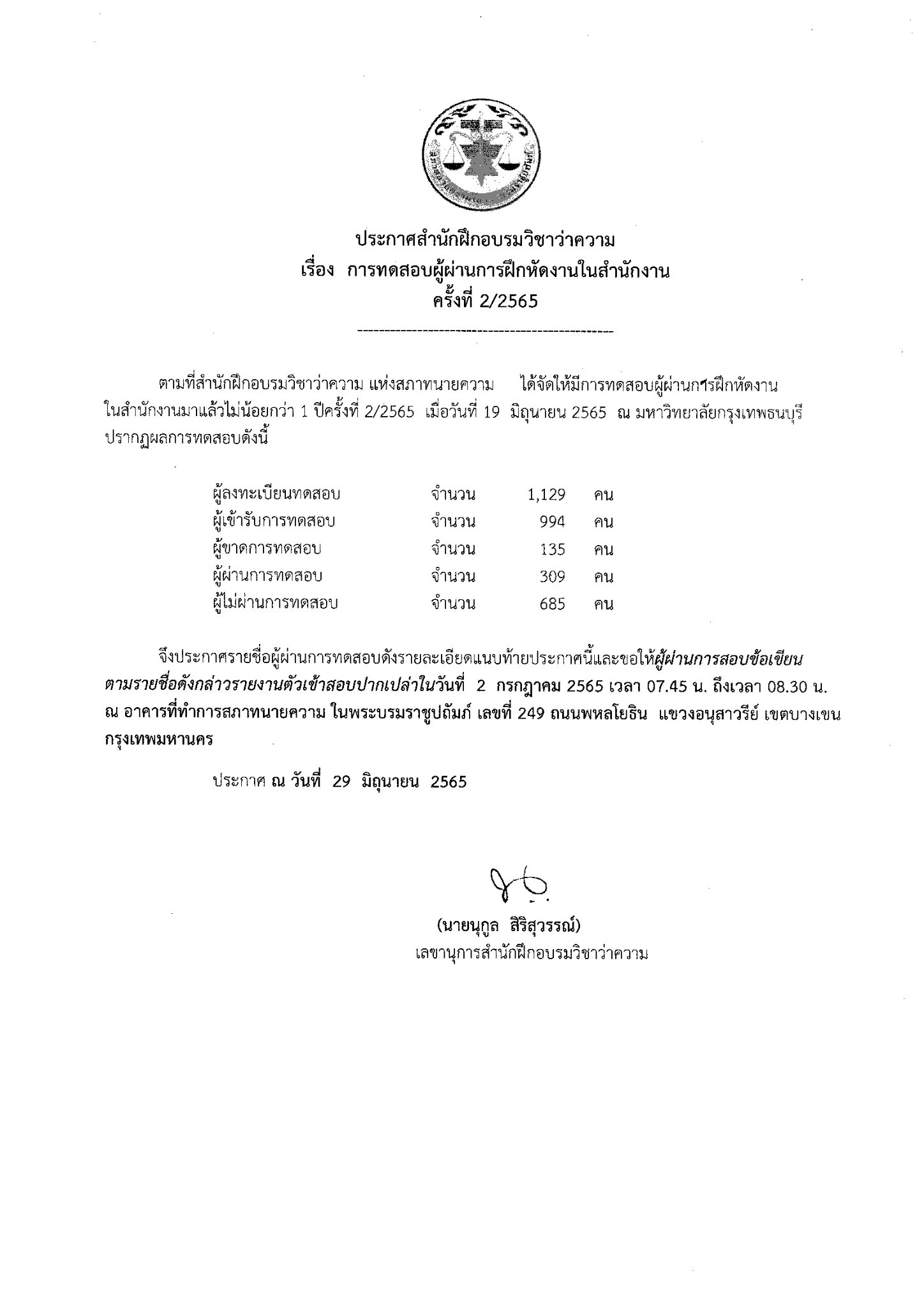 ผลสอบทนายความตั๋วปี-2-2565