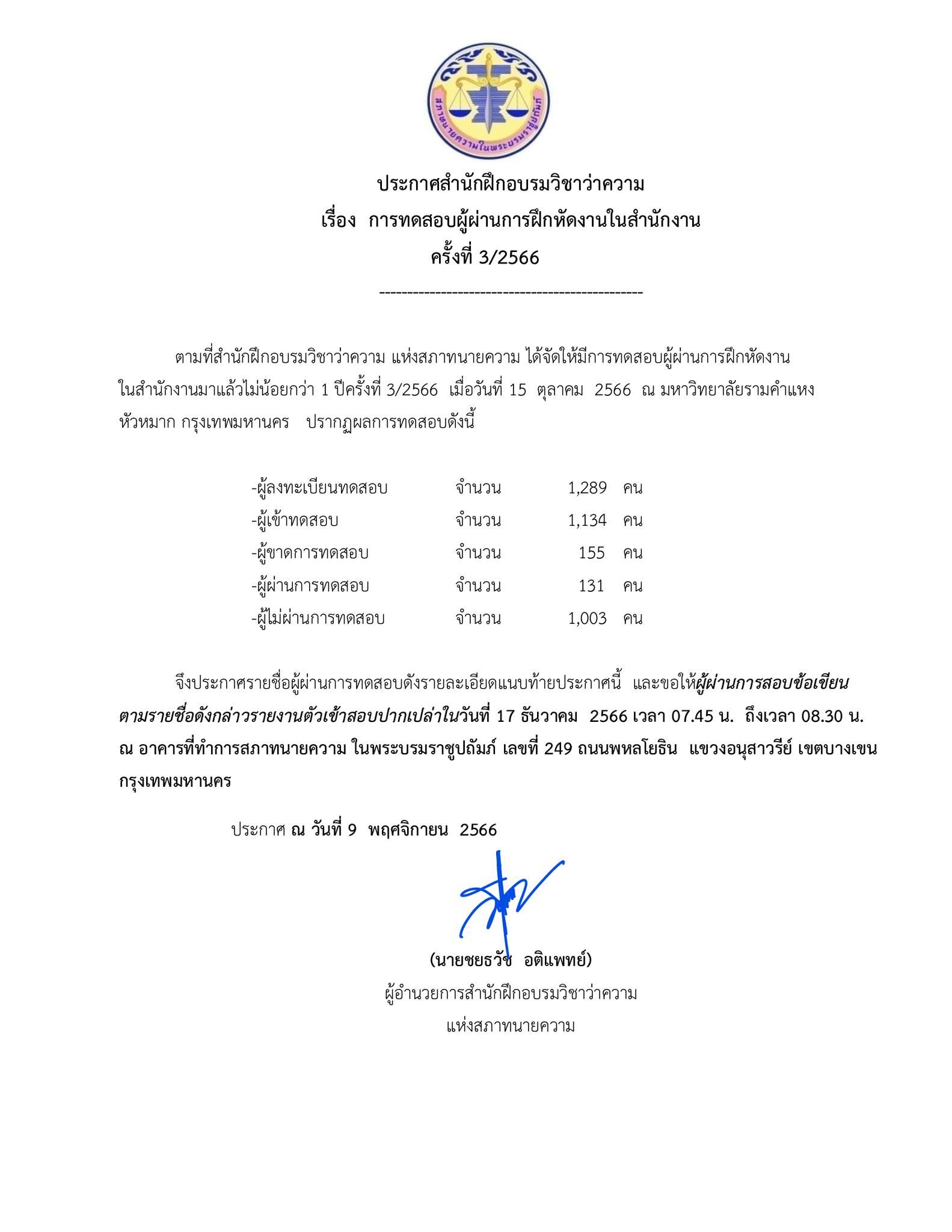 ประกาศผลสอบ-ทนายความ-ผู้ผ่านการฝึกหัดงานในสำนักงานมาแล้วไม่น้อยกว่า-1-ปี